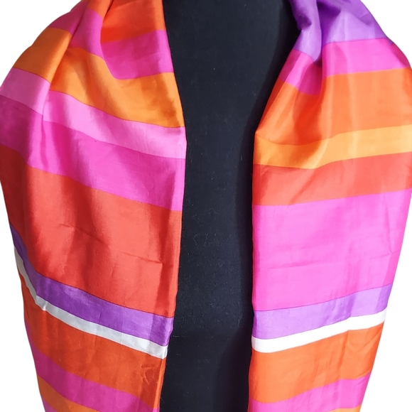 Liz Claiborne Vibrant Orange and Pink Striped Silk Scarf - Picture 1 of 7
